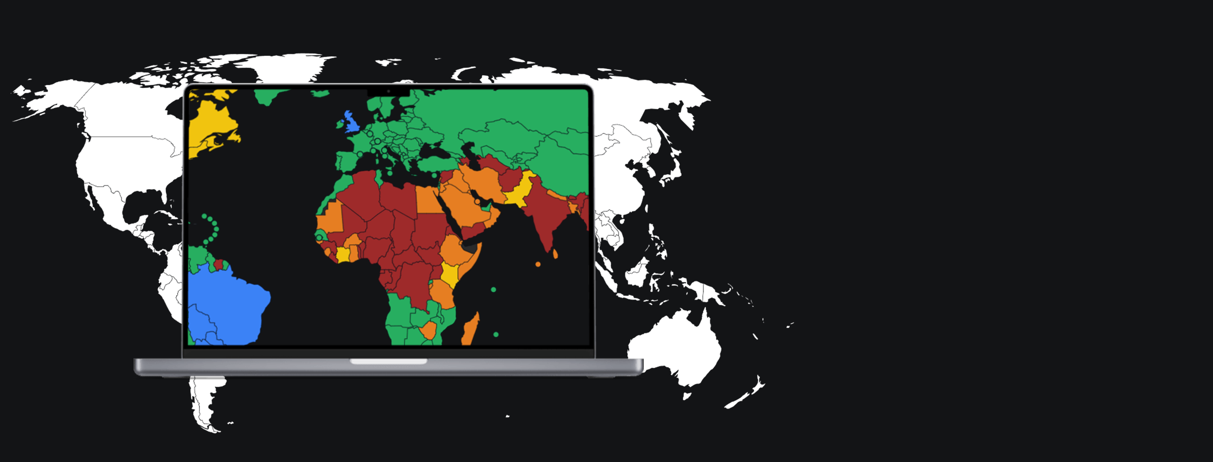Laptop showing a world map colored by visa access levels